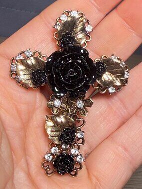 Cross Brooch Black Rose Rhinestone Gold Tone Gothic OOAK 2.75”